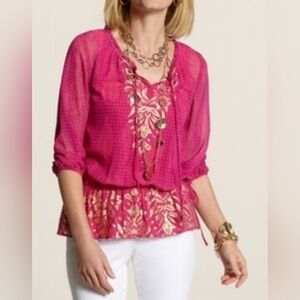 XL / 16-18 CHICO'S Ruffles Magenta Embellished Gold Sheer Peasant Blouse